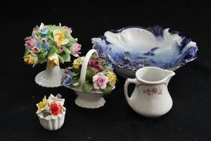 lot 112 image: Decorative Prussia Plate, Porcelain Flowers, and Pitcher Royal Adderley, Aynsley, Sandford