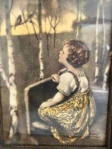 lot 5 image: Girl Singing with Forest Bird Framed Artwork