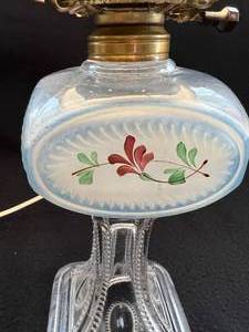 lot 14 image: Antique Hurricane Lamp with Blue Shade Working