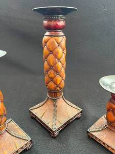 lot 18 image: Candlestick Holder 3 Towers - Brown Quilted Pattern
