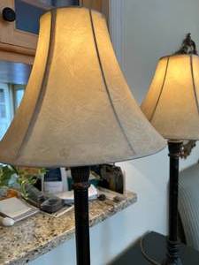 lot 25 image: Pair of Antique-Style Lamps with Tan Shades Working