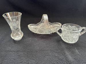 lot 31 image: Cut Crystal Glass Set Vase, Bowl with Handle, Candy Dish, and Clock
