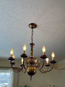 lot 71 image: Dining Room Gold-Colored Chandelier with Hurricane Glass Covers See Description Before Bidding