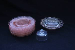 lot 136 image: Pink Glass Lot Floral Engraved Plates, Serving Bowl with Lid, and More