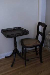 lot 163 image: Vintage Tray-Top Carved Table and Wooden Chair