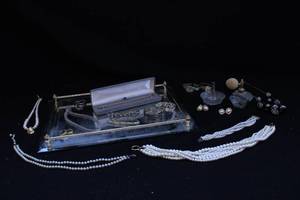 lot 175 image: Assorted Jewelry with Mirror Tray, Vintage Perfume Bottle, Ring Holder