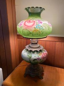 lot 127 image: Antique Hand-Painted Green Hurricane Lamp Working