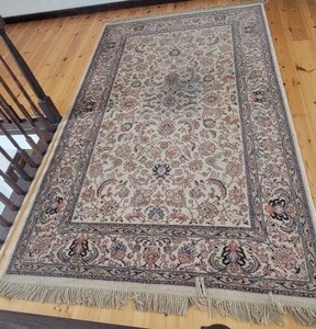 lot 40 image: Striking Tabriz Pattern Wool Oriental Area Rug by Karastan - Tan  Pastel Blue  Pastel Rose - 9 x 57