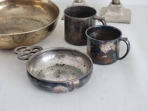 lot 114 image: Amazing Antique Silver Plate Collection w Brass Accent Pieces
