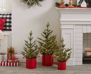 lot 128 image: WONDERSHOP 3pc Pre-Lit LED Balsam Fir Potted Mini Artificial Christmas Trees