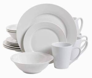 lot 60 image: GIBSON Nobel Court 16 Piece Durable Round Porcelain Microwave and Dishwasher Safe Plates, Bowls, and Mugs Dinnerware Set, White