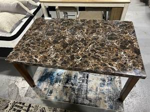 lot 8 image: Signature Design by Ashley Lacey Traditional Faux Marble Dining Table, Medium Brown