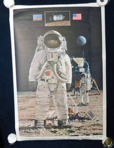 lot 16 image: 1969 Apollo II Astronauts Armstrong, Aldrin, Collins First Men on by Moon July 20, 1969 Poster by John Berkey New in Sleeve