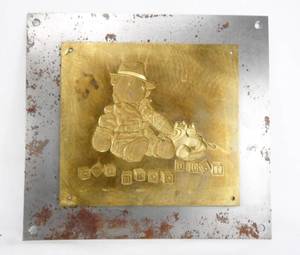 lot 98 image: Vintage Teddy Bear and 1-800-COAN INC Blocks Brass Embossing Plate on Aluminum Plate