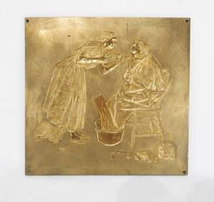 lot 99 image: Vintage Norman Rockwell Four Seasons Series - Tender Years Spring Tonic Brass Embossing Plate