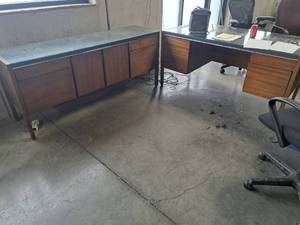 lot 223 image: Kimball Matching Office Desk and Office Table with Glass Desktop Protectors