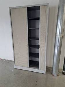 lot 265 image: 84 Metal Office Supply Cabinet with Sliding Doors 2-door6-shelf