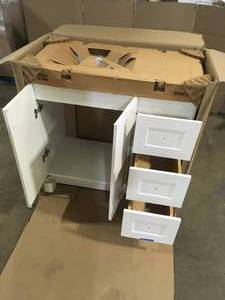 lot 7 image: Bannister 36.5 in. W x 18.75 in. D x 35.14 in. H Bath Vanity in White with White Top by Glacier Bay Customer Returns See Pictures
