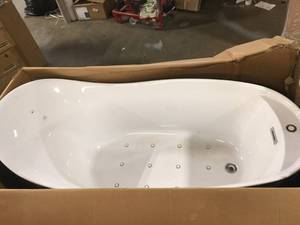 lot 13 image: Modena 67 in. Acrylic Freestanding Single Slipper Air Bath Bathtub with Drain and Overflow Included in Black by WOODBRIDGE damage  Customer Returns See Pictures