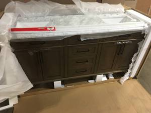 lot 20 image: Sonoma 72 in. W x 22 in. D x 34 in H Bath Vanity in Almond Latte with White Carrara Marble Top by Home Decorators Collection Customer Returns See Pictures