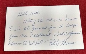 Hand-Written & Signed Note by Bobby Thomson