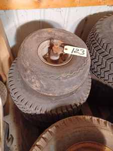 lot 123 image: Pair of 23 X 10.5 Rear Lawn Tractor Tires with Rims, Three New 4-10-6  Lawn Tractor Tires and Rims, One 8.00 X 6 Tire on Rim