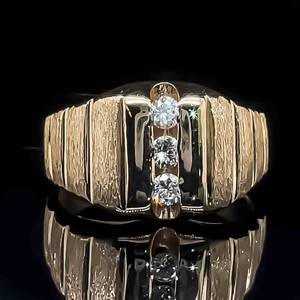Mens Diamond Three-Stone Tiered Groove Ring in 14k Yellow Gold Textured & Bright Shine Finish $3350 Retail VIDEO