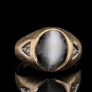 Mens Tigers Eye Oval Cabochon & Diamond Textured Ring in Yellow Gold