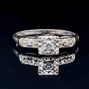 Vintage Diamond Three-Stone Wedding Ring, Scrolling Detail in 14k White Gold, Estate Jewelry $1,950 Retail