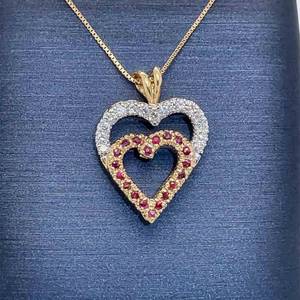 Fine Quality Diamond & Natural Ruby Double Heart Halo Estate Pendant in 14k Yellow Gold $1,750 Retail VIDEO