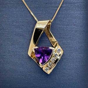 Trillion Amethyst Solitaire & Diamond Channel Modern Geometric Slide Pendant in 14k Yellow Gold $1675 Retail VIDEO