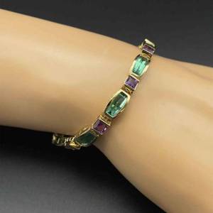 Stunning Amethyst & Tourmaline (or Prasiolite) Gemstone Bar Link Estate Bracelet in 14k Yellow Gold $3650 Retail