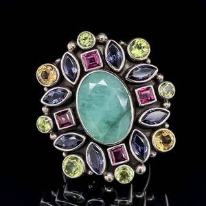 Emerald & Gemstone Jumble Bezel Set Cluster Ornate Vintage Style Ring