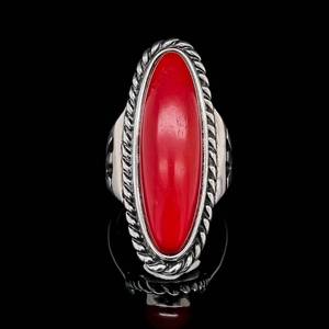 Coral Oblong Elongated Cabochon Twisted Rope Bezel Ring