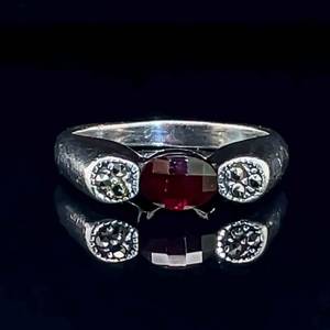 Oval Garnet East West Design Marcasite Accent Estate Flat Ring