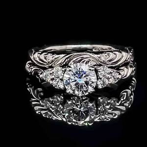 Art Nouveau Styled 0.90 Carat Diamond (F Color) Ornate Engraved Engagement Ring & Bridal Ring Two-Piece Set in Platinum $6,199 Retail VIDEO