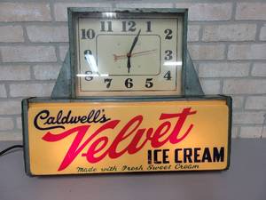 lot 1 image: Vintage Caldwells Velvet Ice Cream Lighted Sign and Clock - WORKS