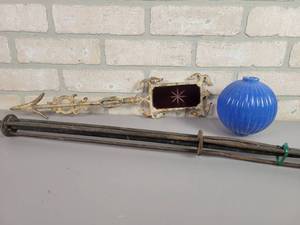 lot 7 image: Antique Blue Ribbed Glass Lightning Ball. Lightning Rod and Cast Iron Weather Vane Arrow w Red Stained Glass Accent