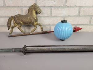 lot 8 image: Antique Robins Egg Blue Ribbed Glass Lightning Ball. Lightning Rod and Horse  Arrow Weather Vane