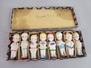 lot 115 image: (8) Vintage Bisque Frozen Charlotte Dolls in Original Box
