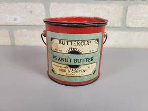 lot 126 image: Antique Buttercup Brand Peanut Butter Tin Pail Can - 12oz - Kidd & Company Chicago, IL