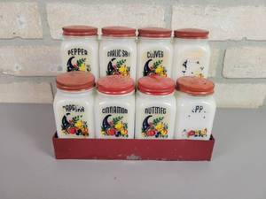 lot 134 image: Vintage Milk Glass Spice Jars in Rack