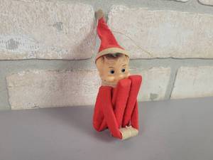 lot 142 image: Vintage Knee Hugger Pixie Elf Christmas Ornament - Blow Mold Head and Felt Body