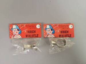 lot 168 image: (2) Vintage NOS Siren Whistles - Ring Whistle Toys