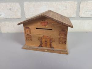 lot 177 image: Vintage Hand Crafted Wood House Coin Bank