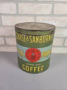 lot 190 image: Early 1900s 5# Chase & Sanborns Seal Brand Paper Label Steel Coffee Can