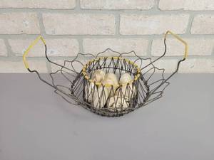 lot 202 image: Antique Folding Wire Egg Basket w Wood Eggs