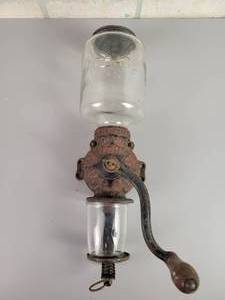 lot 206 image: Antique ARCADE Cast Iron Coffee Grinder - Crystal No. 25 w Catch Cup and Original ARCADE Lid - Produced from Approx. 1910 to 1930