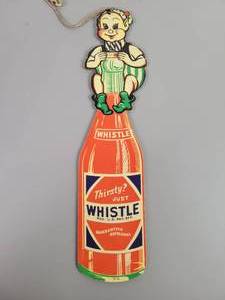 lot 216 image: RARE 1930s Whistle Orange Soda and Elf Double Sided Die Cut Cardboard Advertisement