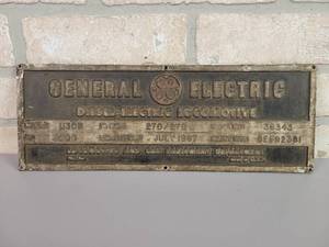 lot 224 image: 1967 General Electric Diesel-Electric Locomotive Name Plate - Model U30B - Cast Aluminum